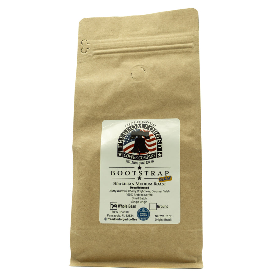 Brown coffee bag with a label on a white background