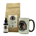Freedom Forged Coffee Company products including a mug, coffee bag, and bottle on a white background