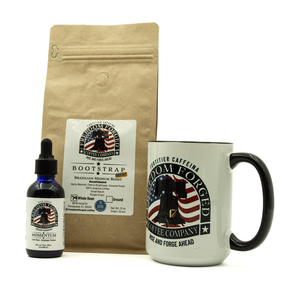 Freedom Forged Coffee Company products including a mug, coffee bag, and bottle on a white background