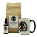 Coffee package with mug, bottle, and bag from Freedom Forged Coffee Company on a white background