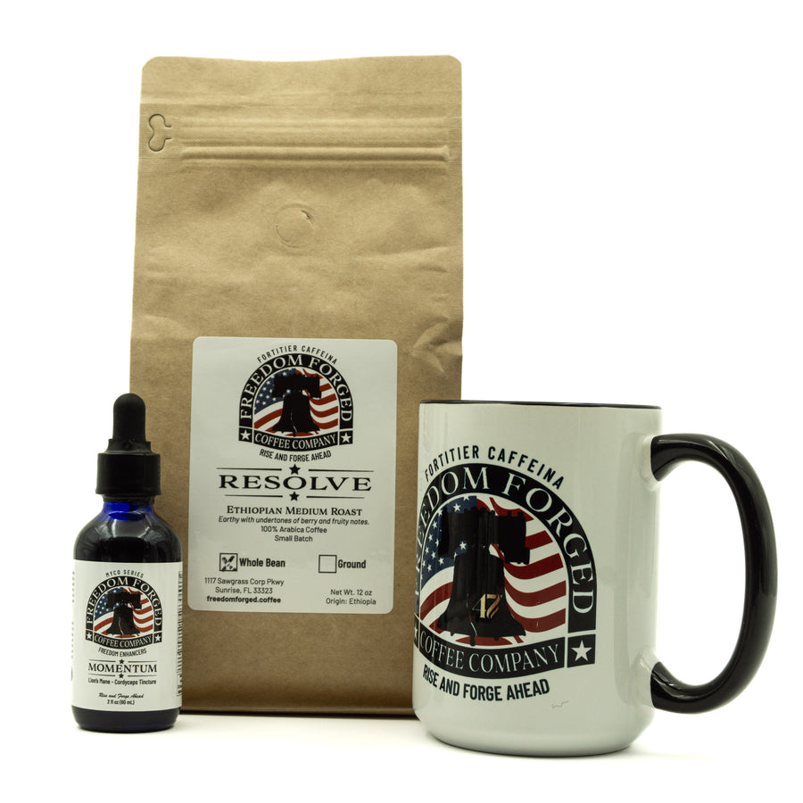 Coffee package with mug, bottle, and bag from Freedom Forged Coffee Company on a white background