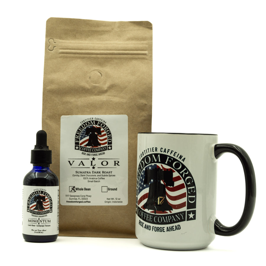 Freedom Forged Coffee Company products including a bag, mug, and bottle on a white background