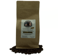Brown paper coffee bag with a label on a white background