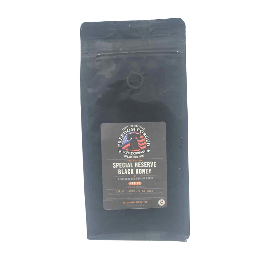 Special Reserve Black Honey coffee bag, single-origin El Salvadoran medium roast with caramel, honey, and clean finish from Freedom Forged Coffee