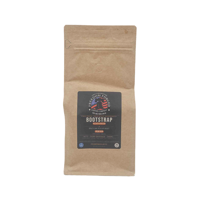 Bootstrap Decaffeinated coffee bag, single-origin Brazilian medium roast Swiss Water Process with nutty, cherry brightness, and caramel notes from Freedom Forged Coffee