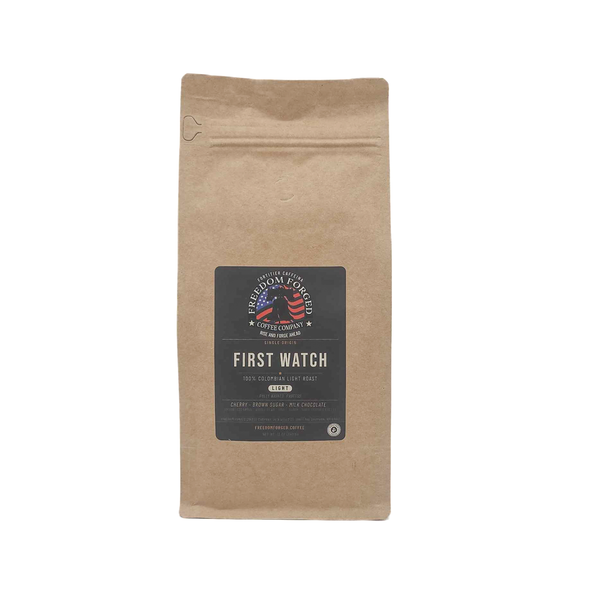 First Watch 100% Colombian Light Roast coffee bag, single-origin fully washed Colombian coffee with cherry, brown sugar, and milk chocolate notes from Freedom Forged Coffee