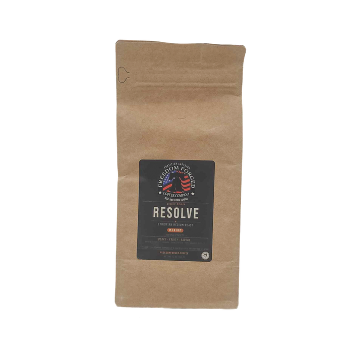 Resolve Ethiopian Medium Roast coffee bag, single-origin natural-process Ethiopian coffee with berry, fruity, and earthy notes from Freedom Forged Coffee