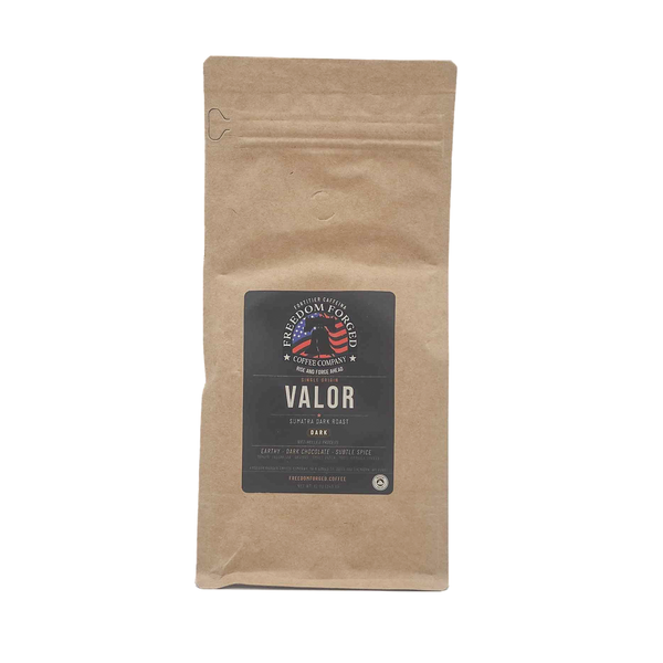 Valor Sumatra Dark Roast coffee bag, single-origin wet-hulled Indonesian coffee with earthy, dark chocolate, and subtle spice notes from Freedom Forged Coffee