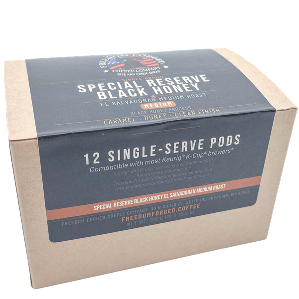 Special Reserve Black Honey K-Cup Pods box, 12 single-serve pods of El Salvador medium roast from Freedom Forged Coffee