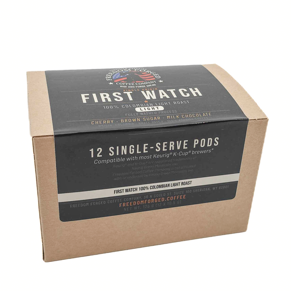 First Watch Colombian Light Roast K-Cup Pods box, 12 single-serve pods from Freedom Forged Coffee