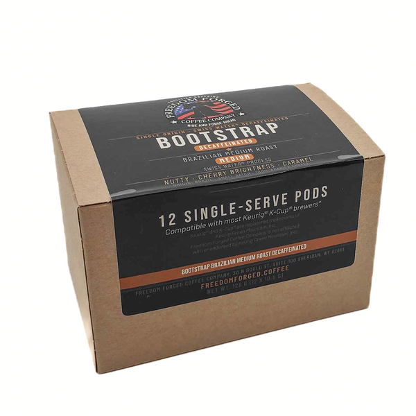 Bootstrap Decaf Swiss Water K-Cup Pods box, 12 single-serve pods, Brazilian medium roast decaffeinated coffee from Freedom Forged Coffee