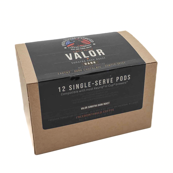 Valor Sumatra Dark Roast K-Cup Pods box, 12 single-serve pods from Freedom Forged Coffee