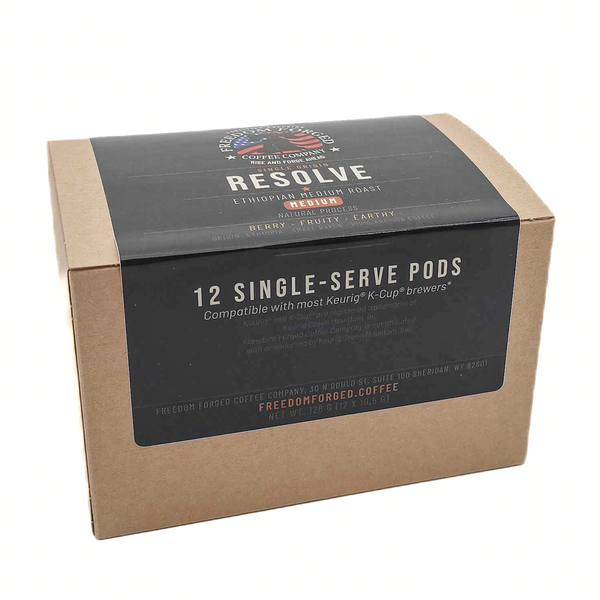 Resolve Ethiopian Medium Roast K-Cup Pods box, 12 single-serve pods from Freedom Forged Coffee